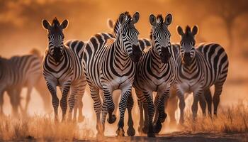 ai gerado africano savana zebra rebanho pastar dentro a pôr do sol dourado luz gerado de ai foto