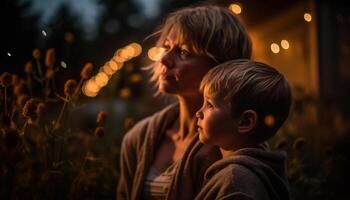 ai gerado família abraçando dentro natureza, desfrutando a pôr do sol gerado de ai foto