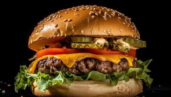 ai gerado grelhado carne hamburguer com queijo, tomate, e cebola em pão gerado de ai foto