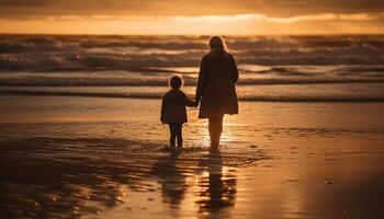 ai gerado família desfrutando uma pôr do sol andar em a praia, segurando mãos gerado de ai foto