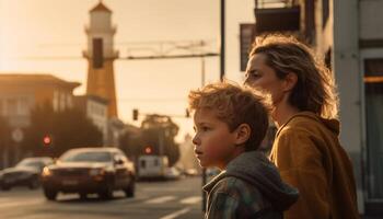 ai gerado uma mãe e filho desfrutando uma pôr do sol dentro a cidade gerado de ai foto