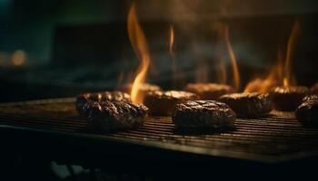 ai gerado grelhado carne em uma quente churrasco, chamas dançando, fumaça Aumentar gerado de ai foto