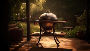 ai gerado de madeira mesa ao ar livre, natureza verão refeição cozinhou em metal louça gerado de ai foto
