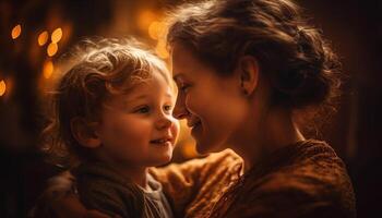 ai gerado sorridente criança abraços mãe, família amor cria felicidade e união gerado de ai foto