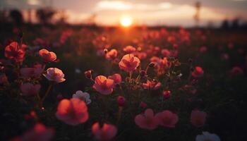 ai gerado natureza beleza dentro uma Prado vibrante flores debaixo a pôr do sol gerado de ai foto