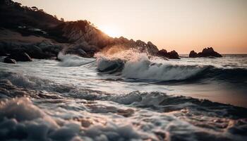 ai gerado pôr do sol sobre a litoral, ondas quebra em rochoso penhascos, tranquilo beleza gerado de ai foto