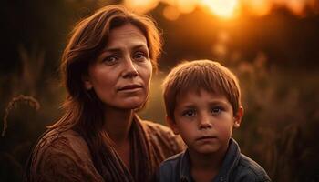 ai gerado uma feliz família desfrutando a pôr do sol dentro a floresta juntos gerado de ai foto