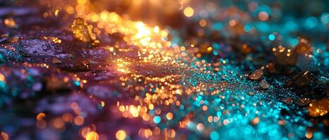 ai gerado vibrante néon luzes refletindo em uma molhado, coberto de glitter superfície foto