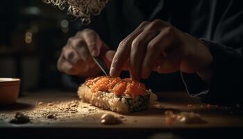 ai gerado uma mulher mão prepara fresco frutos do mar dentro uma gourmet cozinha gerado de ai foto