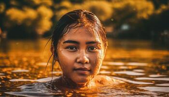 ai gerado uma jovem mulher desfrutando a pôr do sol de a natação piscina gerado de ai foto