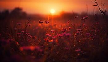 ai gerado lindo pôr do sol sobre uma Prado, natureza vibrante cores dentro flor gerado de ai foto