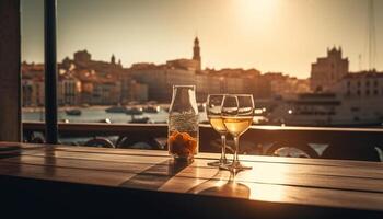 ai gerado romântico pôr do sol, copo de vinho em mesa, paisagem urbana, ao ar livre relaxamento, luxo gerado de ai foto
