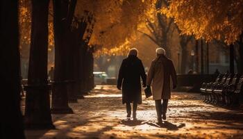 ai gerado uma casal andando, abraçando, sorridente, segurando mãos, desfrutando outono natureza gerado de ai foto
