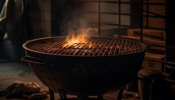 ai gerado grelhado carne em uma quente churrasco, fumaça ascendente, verão ao ar livre gerado de ai foto