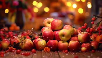 ai gerado fresco maçã em de madeira mesa, outono temporada, saudável comendo, orgânico gerado de ai foto