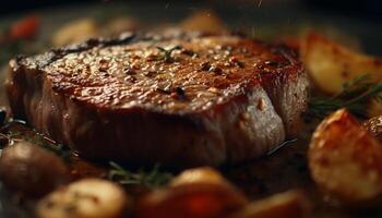 ai gerado grelhado bife, fresco carne, fechar acima filé, gourmet churrasco, cozinhou raro gerado de ai foto