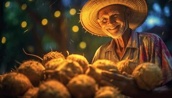 ai gerado sorridente agricultor dentro Palha chapéu colheita orgânico fruta ao ar livre gerado de ai foto