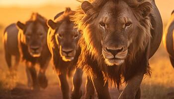 ai gerado majestoso leão caminhando dentro a africano savana às pôr do sol gerado de ai foto