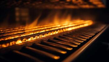 ai gerado brilhando fogo inflama metal forno, aquecimento Comida dentro Sombrio dentro de casa gerado de ai foto