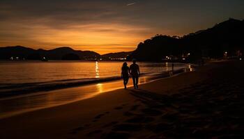 ai gerado silhueta do dois pessoas caminhando em a de praia às pôr do sol gerado de ai foto