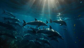 ai gerado uma brincalhão grupo do golfinhos nadar dentro a lindo azul mar gerado de ai foto