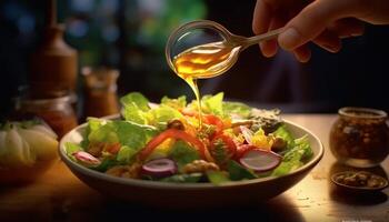 ai gerado fresco salada, saudável refeição, vegetariano comida, caseiro, refrescante verão lanche gerado de ai foto