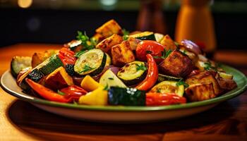 ai gerado fresco, saudável vegetariano refeição grelhado tomate, salada, e Sino Pimenta gerado de ai foto