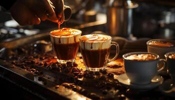 ai gerado uma quente café copo em uma de madeira mesa, barista criação gerado de ai foto