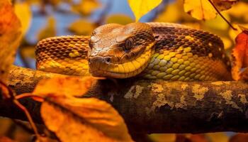 ai gerado uma amarelo víbora slithers através a outono floresta, perigoso e lindo gerado de ai foto