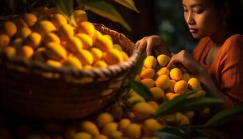 ai gerado uma menina sentado dentro de casa, segurando uma cesta do fresco frutas gerado de ai foto