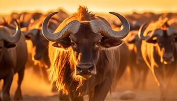 ai gerado animal natureza gado mamífero chifrudo vaca ao ar livre África Fazenda pôr do sol agricultura gerado de ai foto