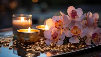 ai gerado chama queimando, luz de velas brilhante, relaxamento dentro perfumado aromaterapia, elegante flor gerado de ai foto