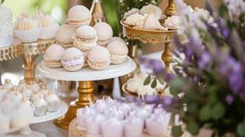 ai gerado Casamento decoração com lavanda tema, floral decoração Projeto e lindo decoração configuração arranjo foto