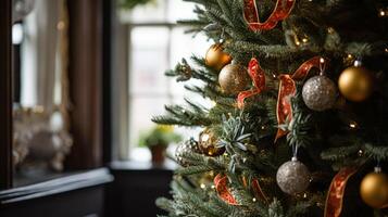 ai gerado Natal árvore decorações para a Inglês país cabana, casa decoração, casa dentro a campo e feriado celebração foto