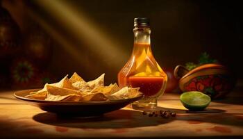 ai gerado fresco guacamole em uma de madeira mesa, uma mexicano cultura Aperitivo gerado de ai foto