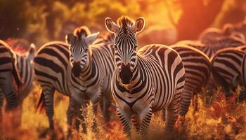 ai gerado zebra em pé dentro a savana, natureza beleza dentro a pôr do sol gerado de ai foto