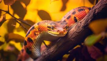 ai gerado serpente slithers em filial, Está venenoso olhos focado em presa gerado de ai foto