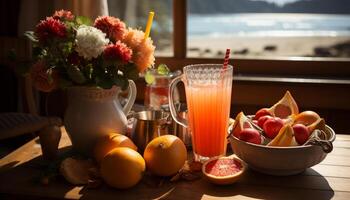 ai gerado frescor do natureza em uma de madeira mesa, laranja beber vidro gerado de ai foto