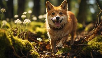 ai gerado fofa cachorro jogando ao ar livre dentro a verde Prado gerado de ai foto