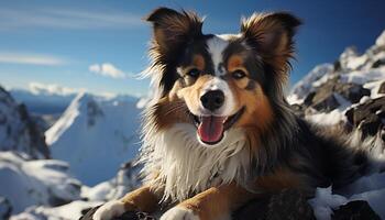 ai gerado fofa cachorro sentado dentro neve, olhando às Câmera gerado de ai foto