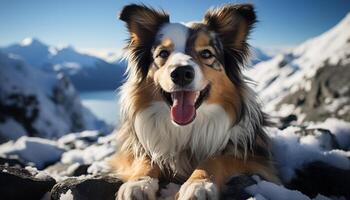 ai gerado fofa fofo cachorro sentado dentro neve, olhando alegre gerado de ai foto