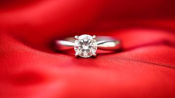 ai gerado jóias, proposta e feriado presente, diamante noivado anel em vermelho seda cetim tecido, símbolo do amor, romance e comprometimento foto