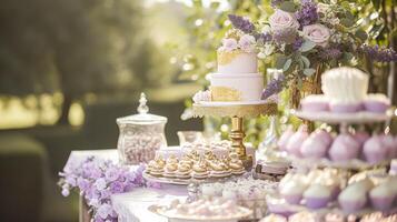 ai gerado Casamento decoração com lavanda tema, floral decoração Projeto e lindo decoração configuração arranjo foto