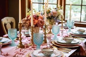 ai gerado romântico feriado paisagem de mesa, formal jantar mesa contexto, mesa escapar com Rosa país estilo decoração para Casamento e evento celebração, generativo ai foto