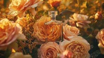 ai gerado perfume garrafa dentro flores, fragrância em florescendo fundo, floral odor e Cosmético produtos foto