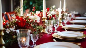 ai gerado Natal mesa decoração, feriado paisagem de mesa e jantar mesa contexto, formal evento decoração para Novo ano, família celebração, Inglês país e casa estilo foto