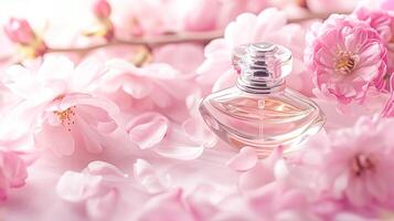 ai gerado perfume garrafa dentro flores, fragrância em florescendo fundo, floral odor e Cosmético produtos foto