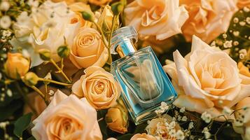 ai gerado perfume garrafa dentro flores, fragrância em florescendo fundo, floral odor e Cosmético produtos foto