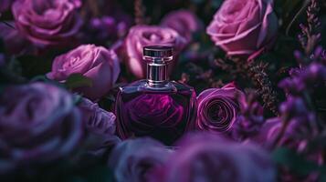 ai gerado perfume garrafa dentro flores, fragrância em florescendo fundo, floral odor e Cosmético produtos foto