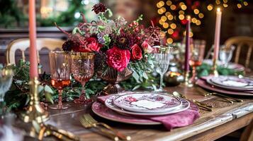 ai gerado dia dos namorados dia paisagem de mesa e mesa decoração, romântico mesa configuração com flores, formal jantar e data, lindo talheres e talheres foto